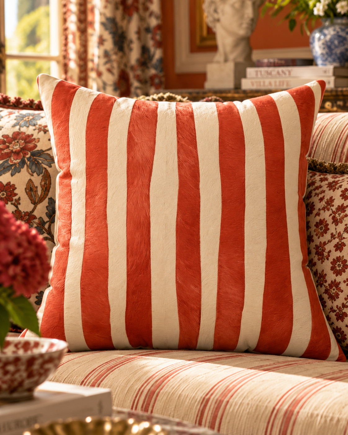 Red Striped Pattern Faux Suede Square Pillow | Coastal Rustic Throw Pillow