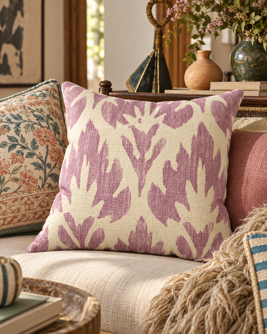 Lavender Ikat Pattern Faux Suede Square Pillow