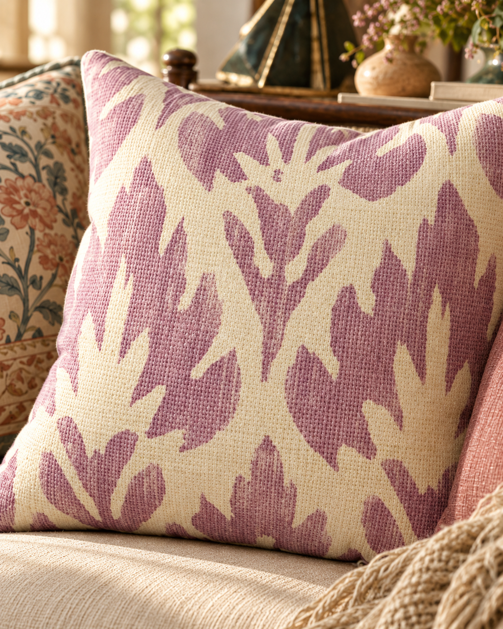 Lavender Ikat Pattern Faux Suede Square Pillow