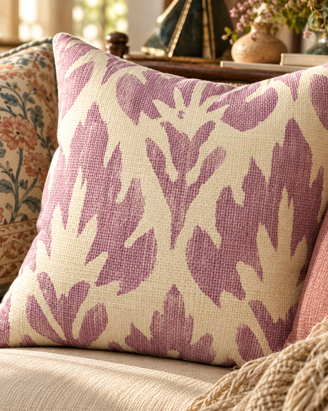 Lavender Ikat Pattern Faux Suede Square Pillow