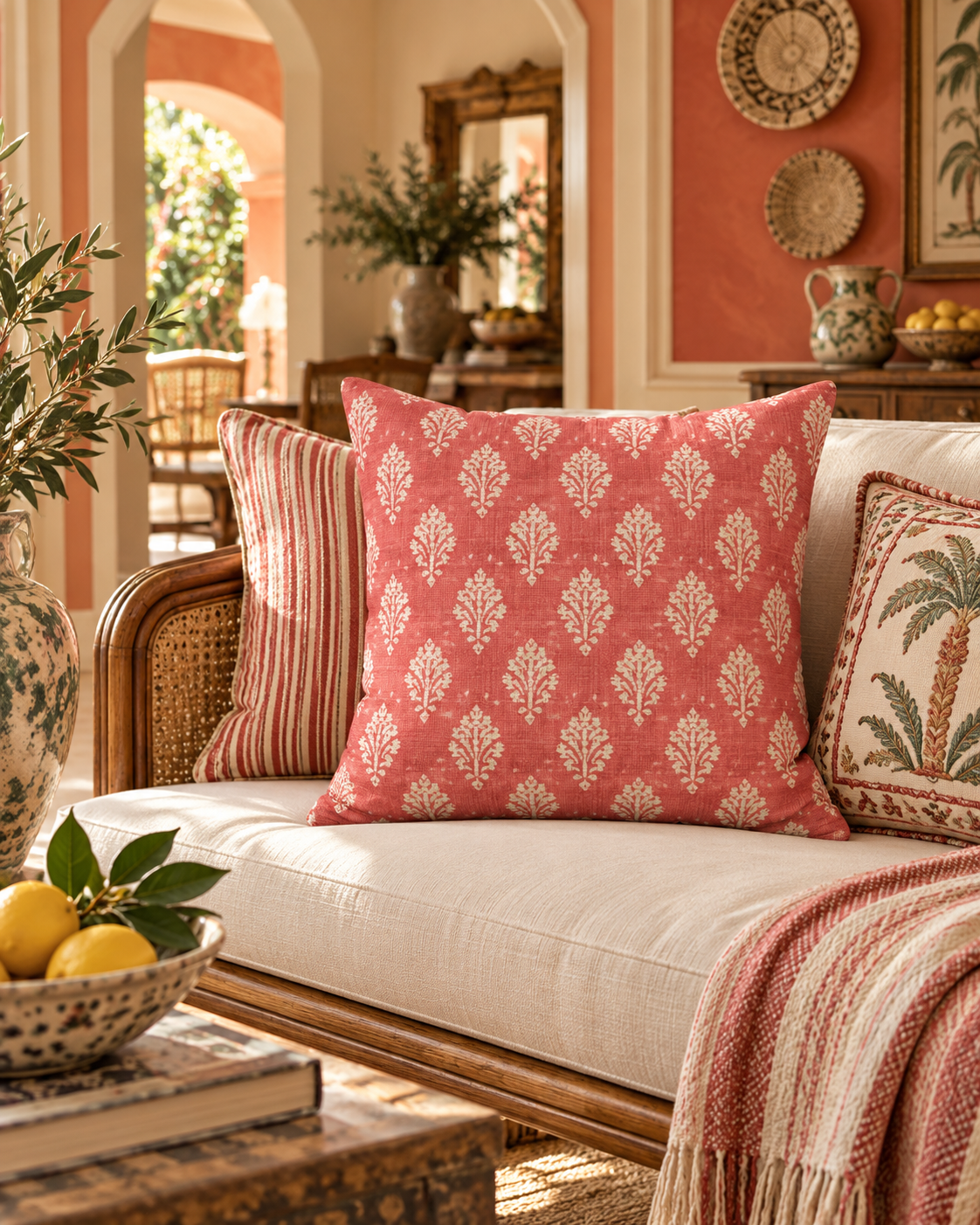 Coral Damask Pattern Faux Suede Square Pillow | Boho Home Decor