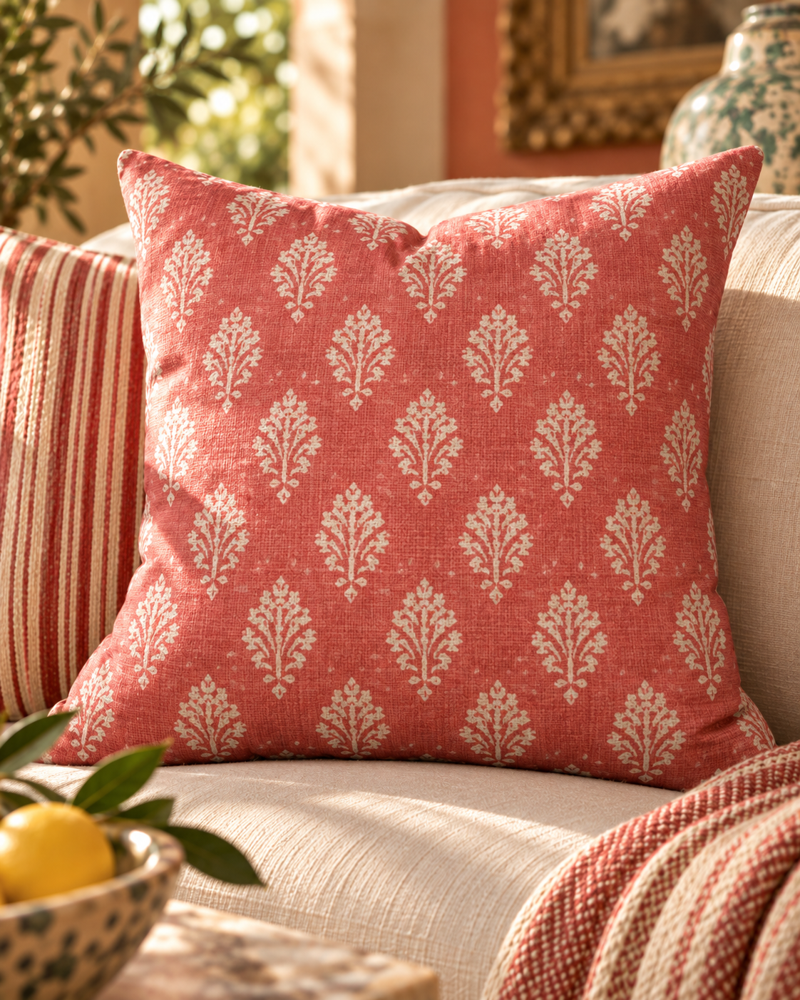 Coral Damask Pattern Faux Suede Square Pillow | Boho Home Decor