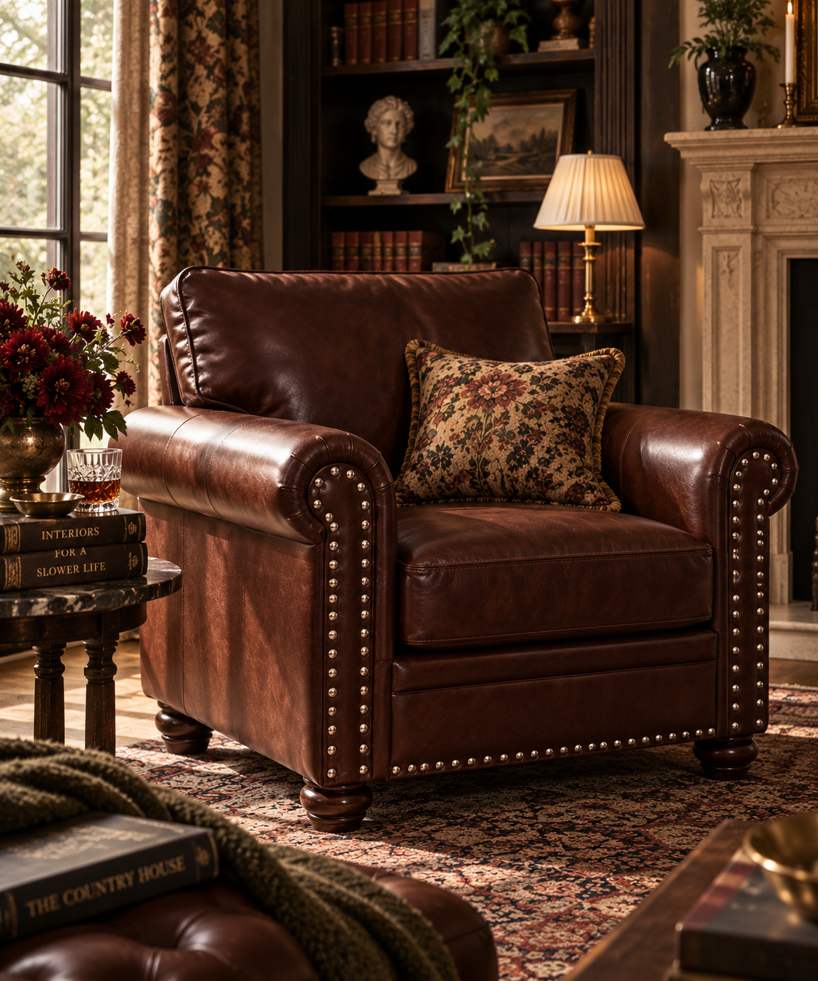 The Ashbourne 3-Piece Sofa Set | Brown Leather-Style Living Room Set with Rolled Arms & Nailhead Trim | Classic English Country Furniture